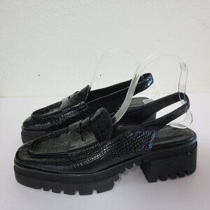 FREDA SALVADOR Black Leather Snake Pattern Penny Loafer Slingback Lugged Sole